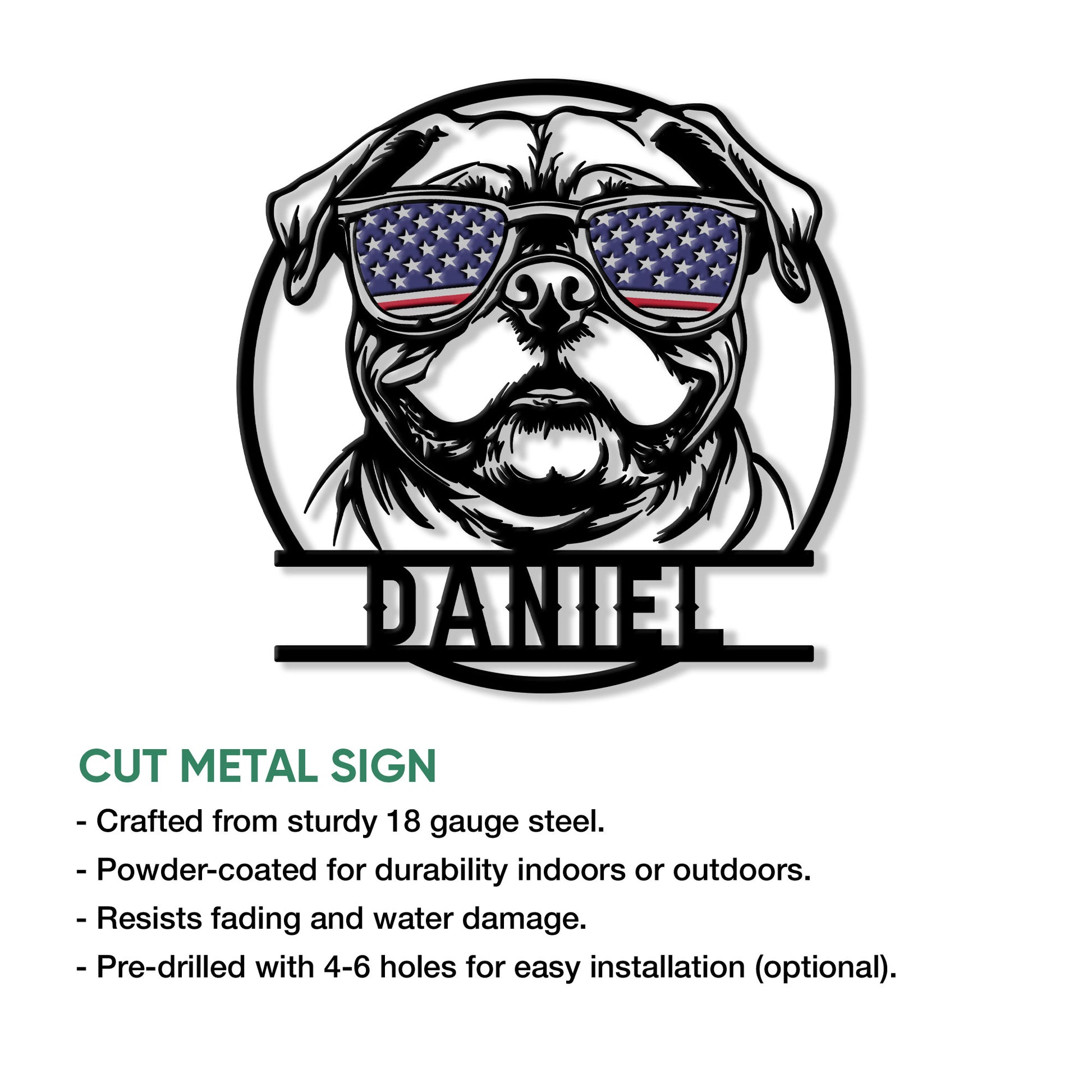 American Bulldog cut metal sign with a patriotic sunglasses design shown in a product feature graphic