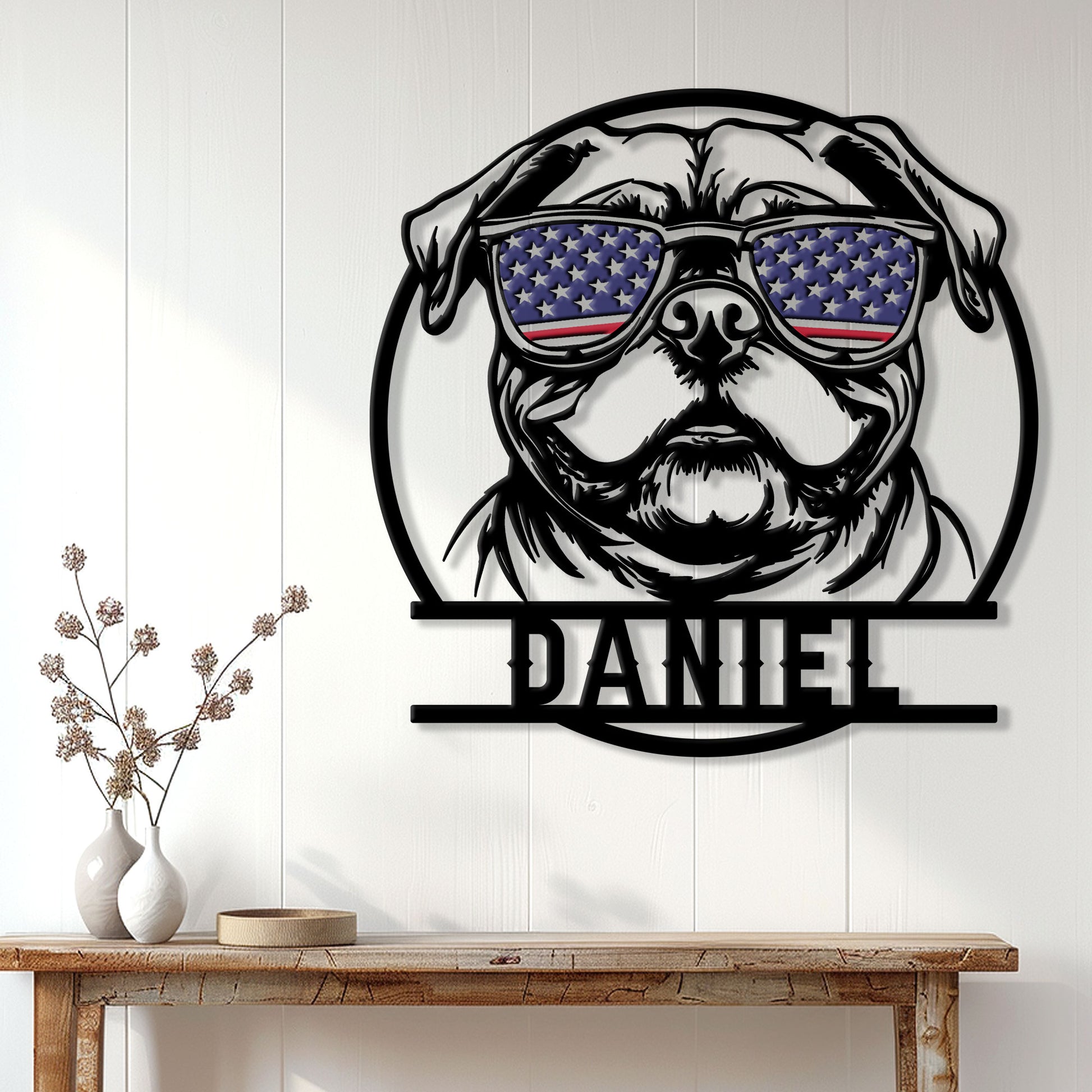 American Bulldog wall sign displayed above a console table in a bright home interior