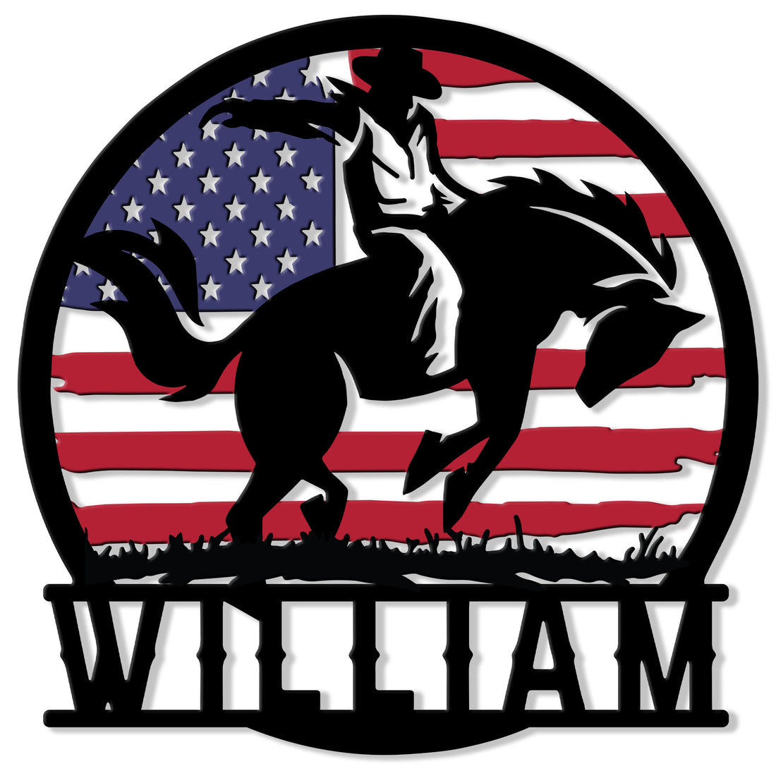 Rodeo bull rider metal sign with a bold cowboy silhouette against an American flag background