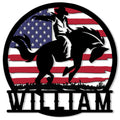 Rodeo bull rider metal sign with a bold cowboy silhouette against an American flag background