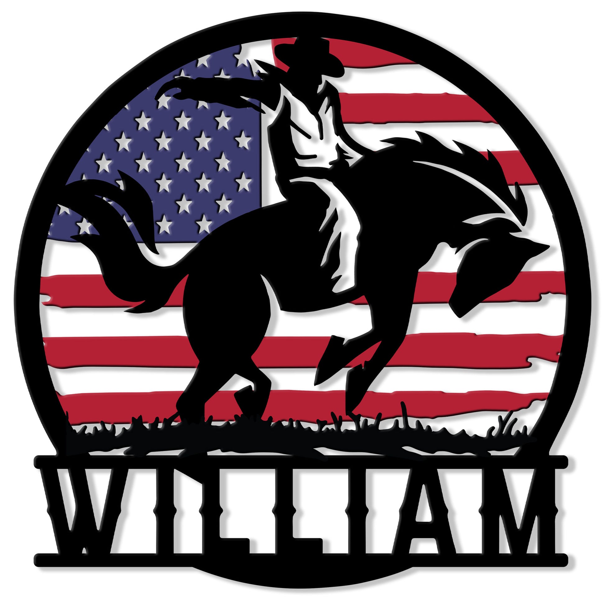 Rodeo bull rider metal sign with a bold cowboy silhouette against an American flag background
