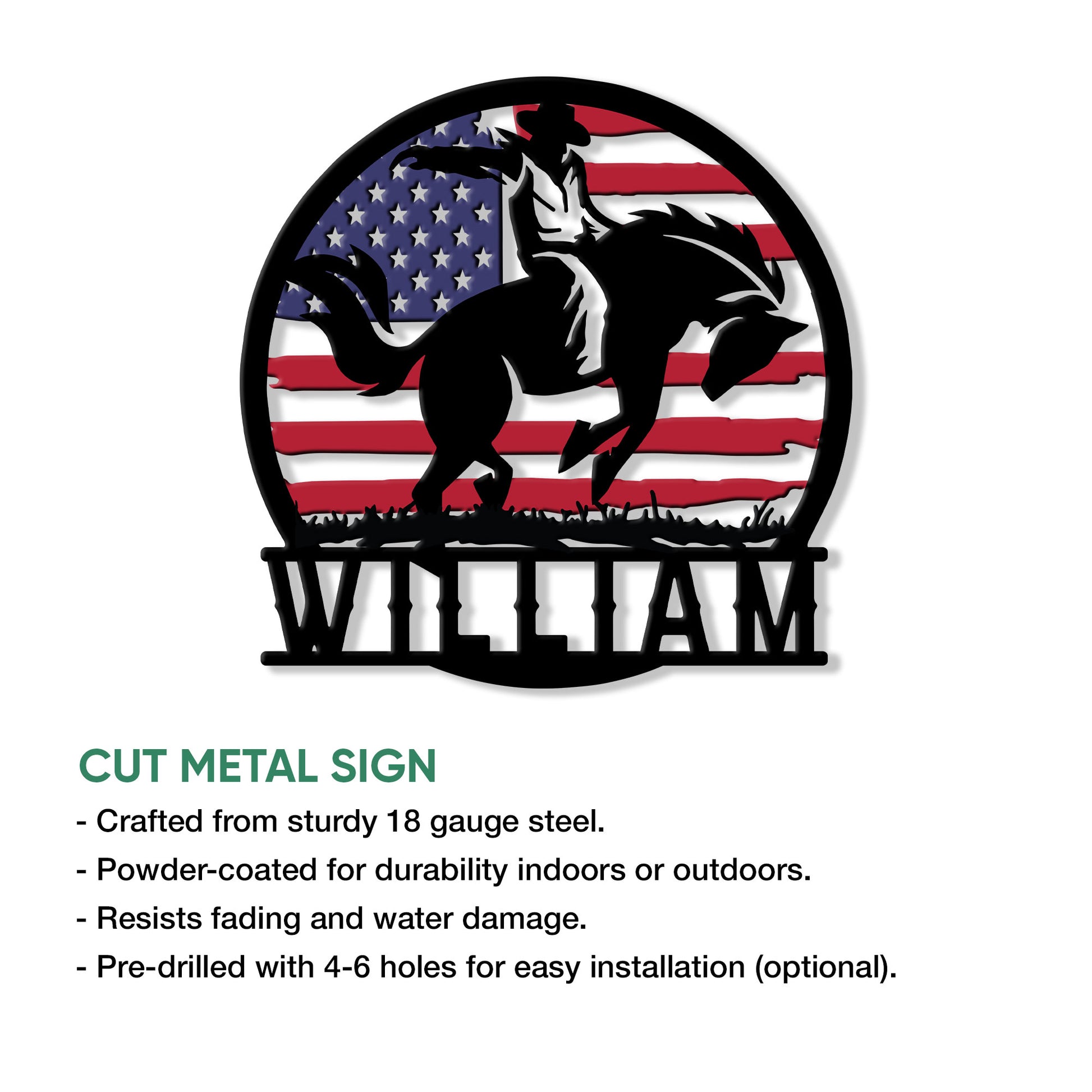 Rodeo bull rider cut metal sign feature graphic highlighting the sign design and display options