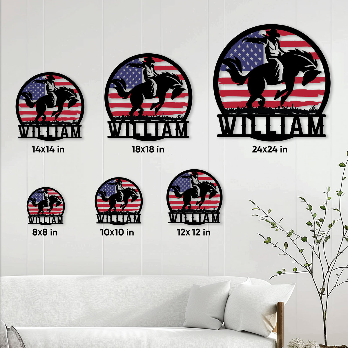Rodeo bull rider metal sign size guide showing 8, 10, 12, 14, 18, and 24 inch options