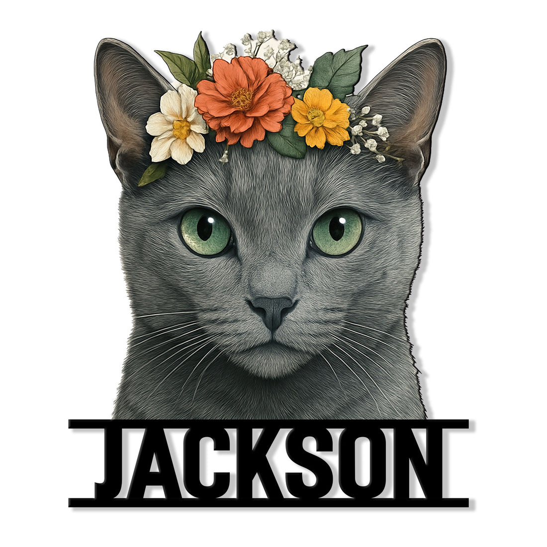 Russian Blue cat metal sign featuring a detailed gray cat portrait with green eyes and a colorful floral crown