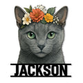 Russian Blue cat metal sign featuring a detailed gray cat portrait with green eyes and a colorful floral crown