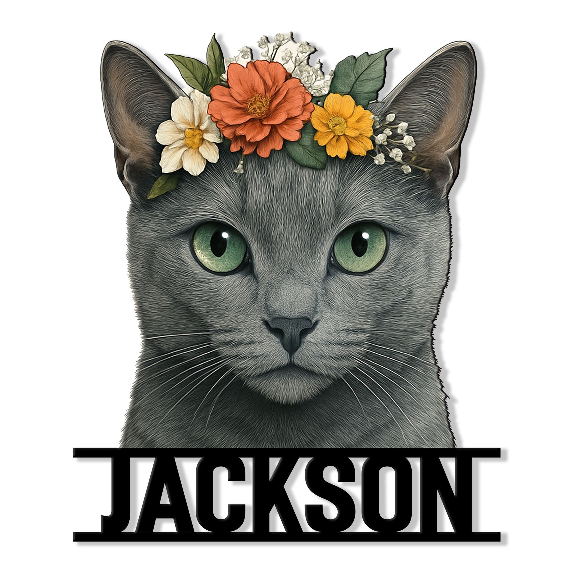 Russian Blue cat metal sign featuring a detailed gray cat portrait with green eyes and a colorful floral crown