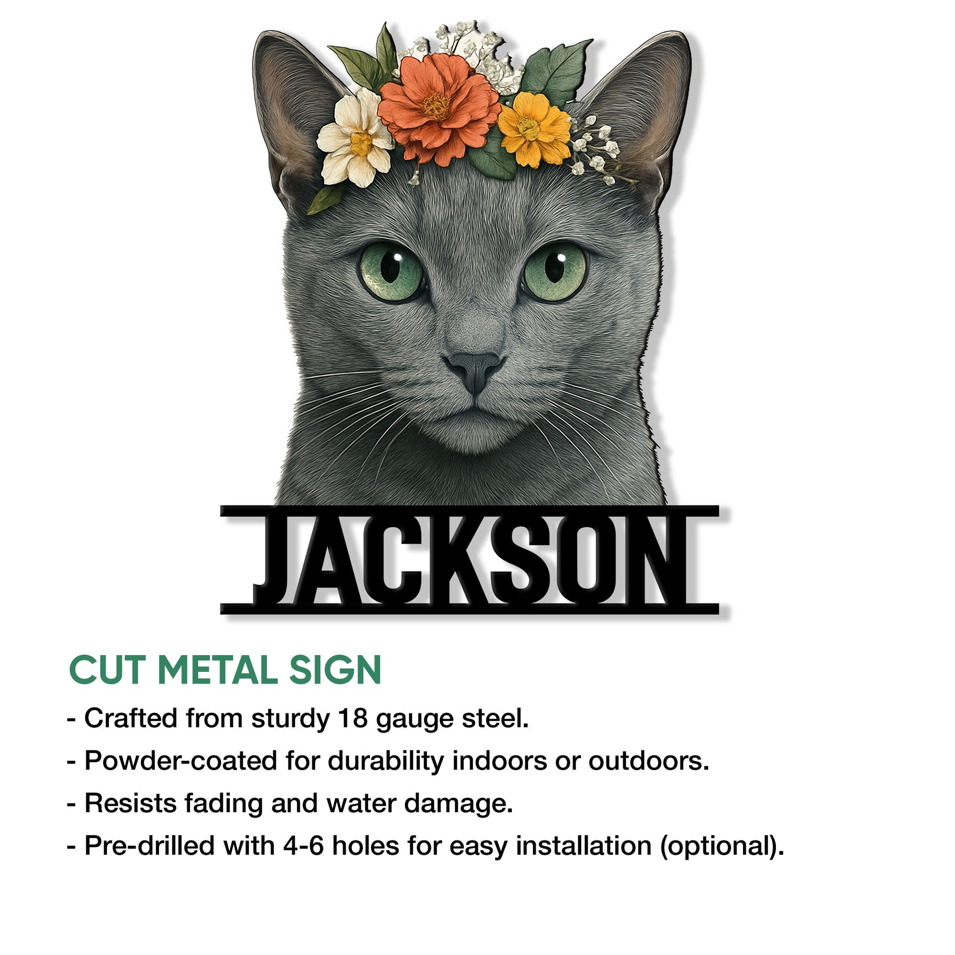 Russian Blue cat cut metal sign with a floral crown shown alongside product features for indoor or outdoor display