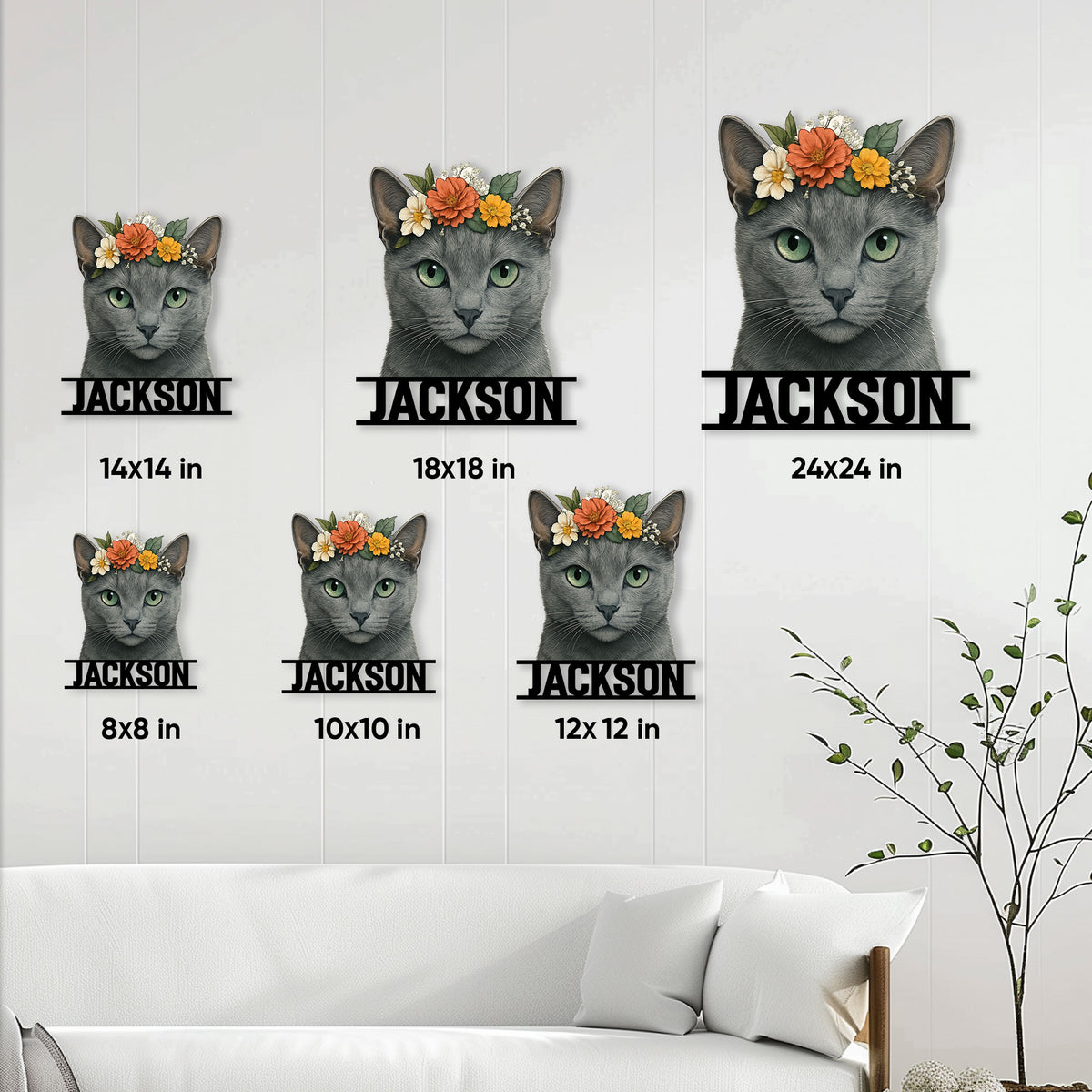 Russian Blue cat metal sign size guide showing available square sizes from 8 by 8 to 24 by 24 inches