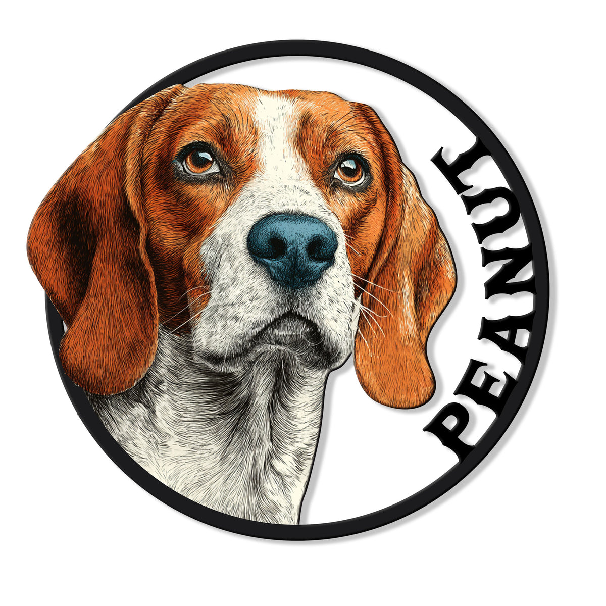 Detailed beagle portrait metal sign with a circular black border and bold vertical BEAGLE lettering