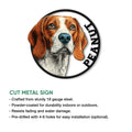 Beagle cut metal sign feature graphic showing the portrait design and product presentation