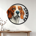 Beagle metal wall sign displayed on white paneled decor above a rustic console table