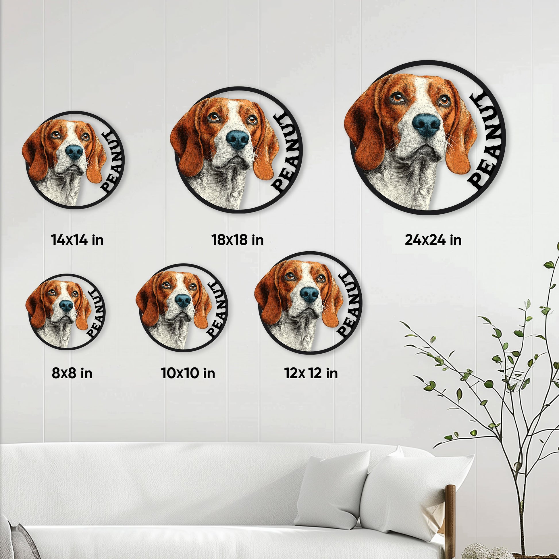 Beagle metal sign size guide showing available round sizes from 8 by 8 to 24 by 24 inches