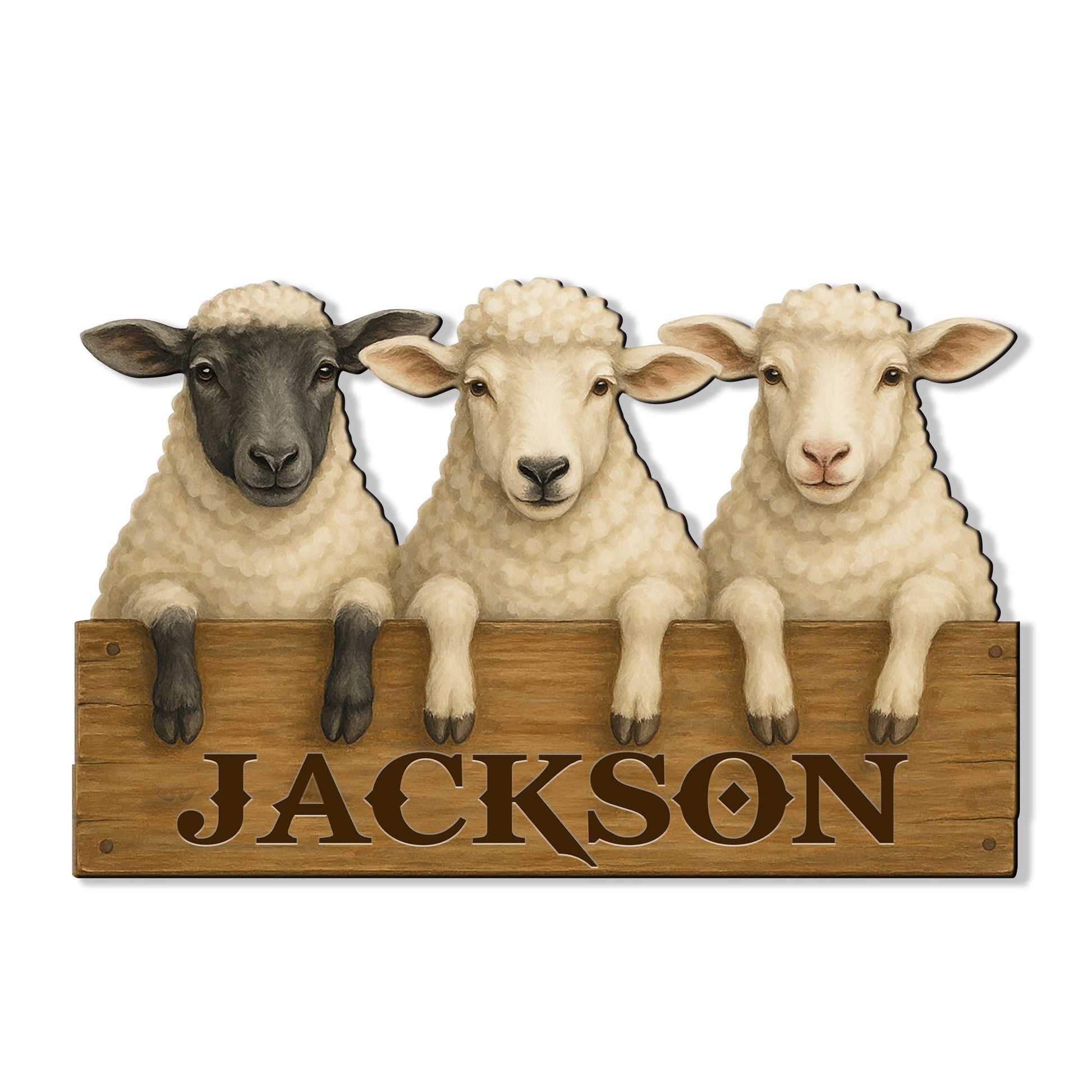 Custom sheep metal sign featuring three detailed sheep resting over a rustic wood-look farm sign