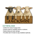 Sheep metal sign product graphic showing the cut-metal design, finish, mounting options, and indoor or outdoor use