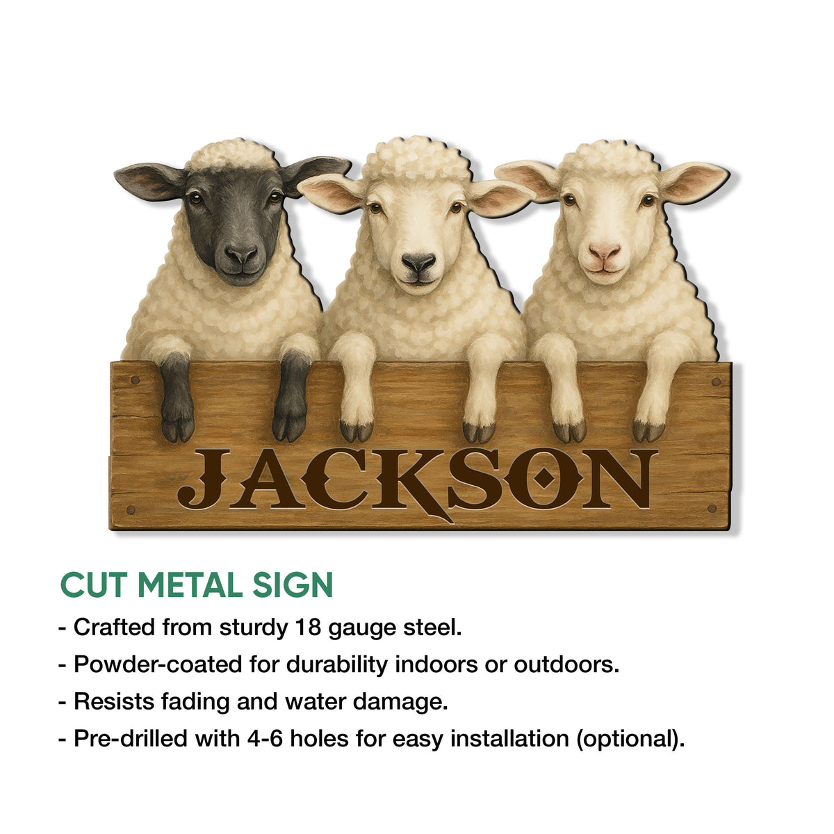 Sheep metal sign product graphic showing the cut-metal design, finish, mounting options, and indoor or outdoor use