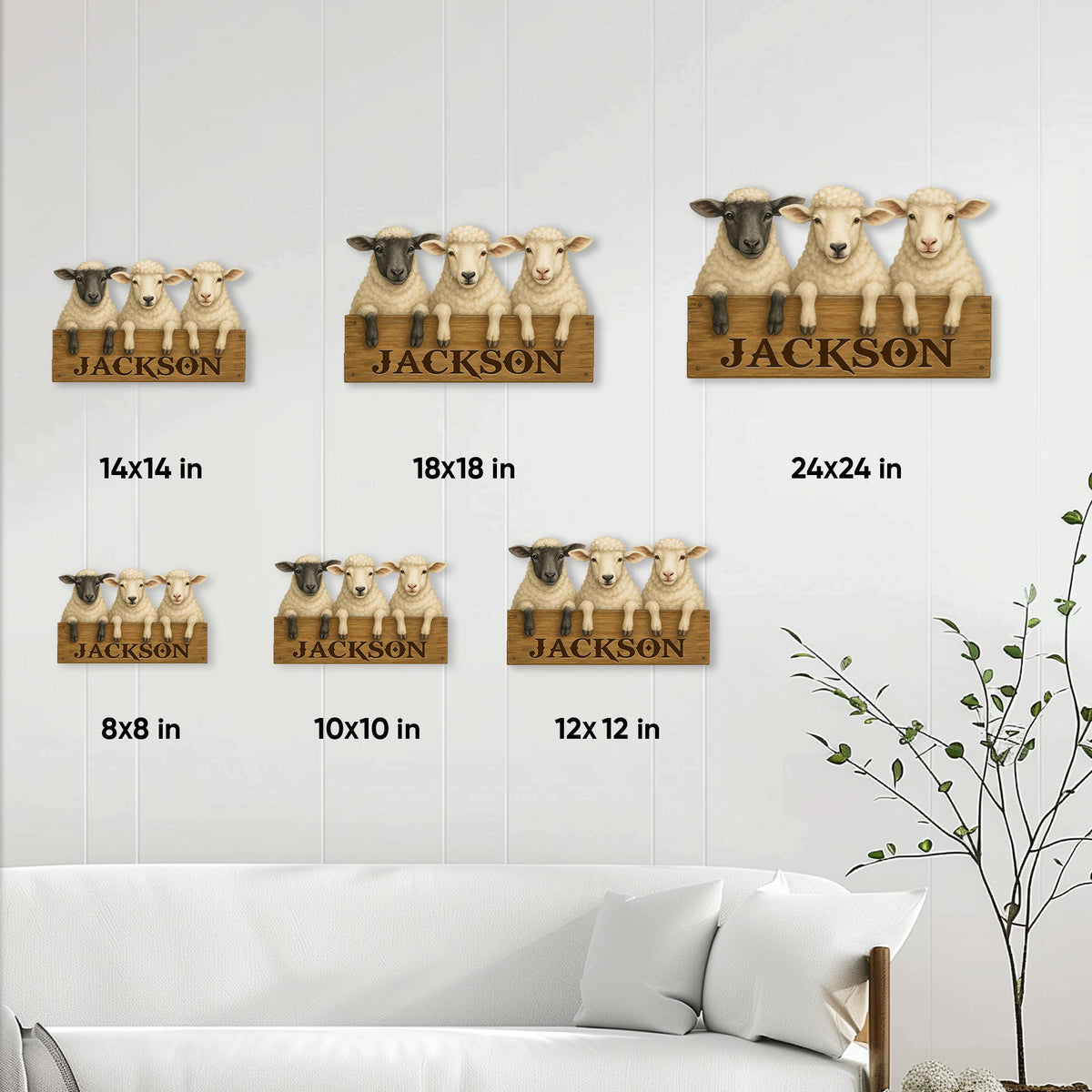 Sheep metal sign size guide showing available square sizes from 8 by 8 to 24 by 24 inches