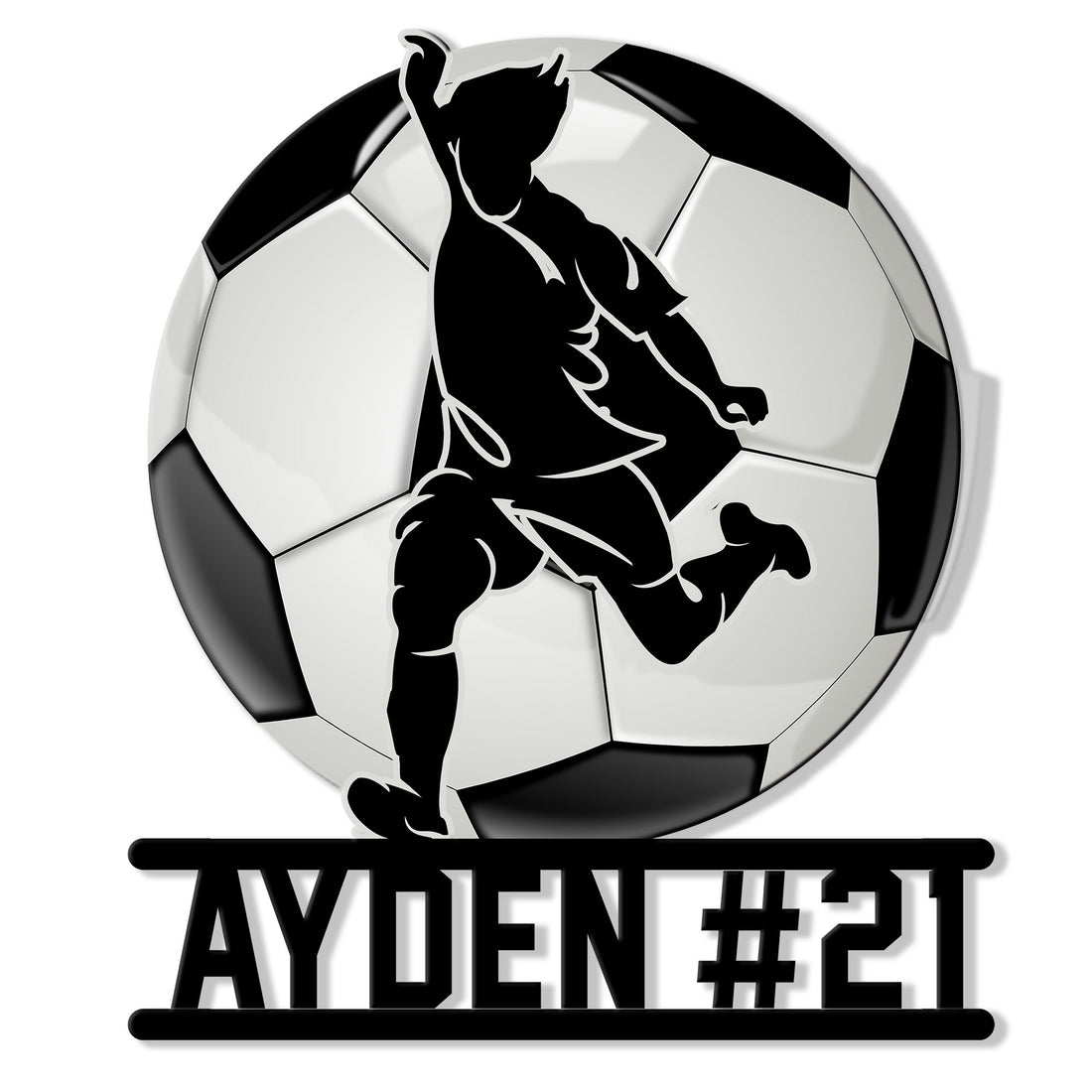 Custom soccer metal sign featuring a dynamic player silhouette kicking a classic soccer ball