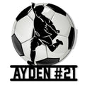 Custom soccer metal sign featuring a dynamic player silhouette kicking a classic soccer ball