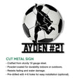 Soccer player silhouette metal sign shown with product features and indoor or outdoor display use