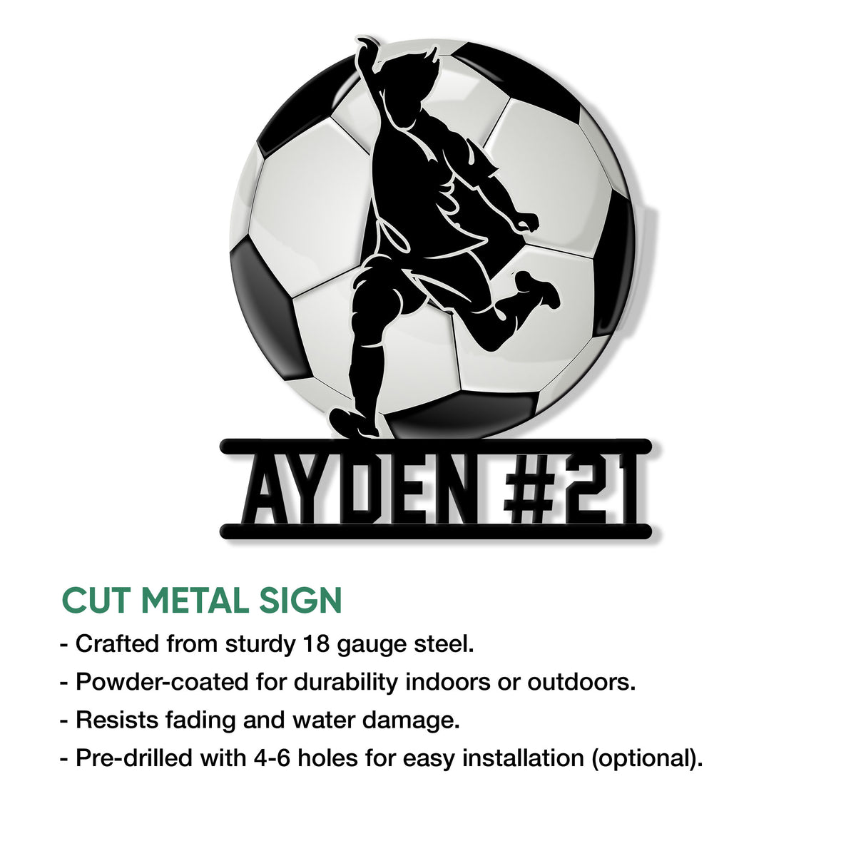 Soccer player silhouette metal sign shown with product features and indoor or outdoor display use