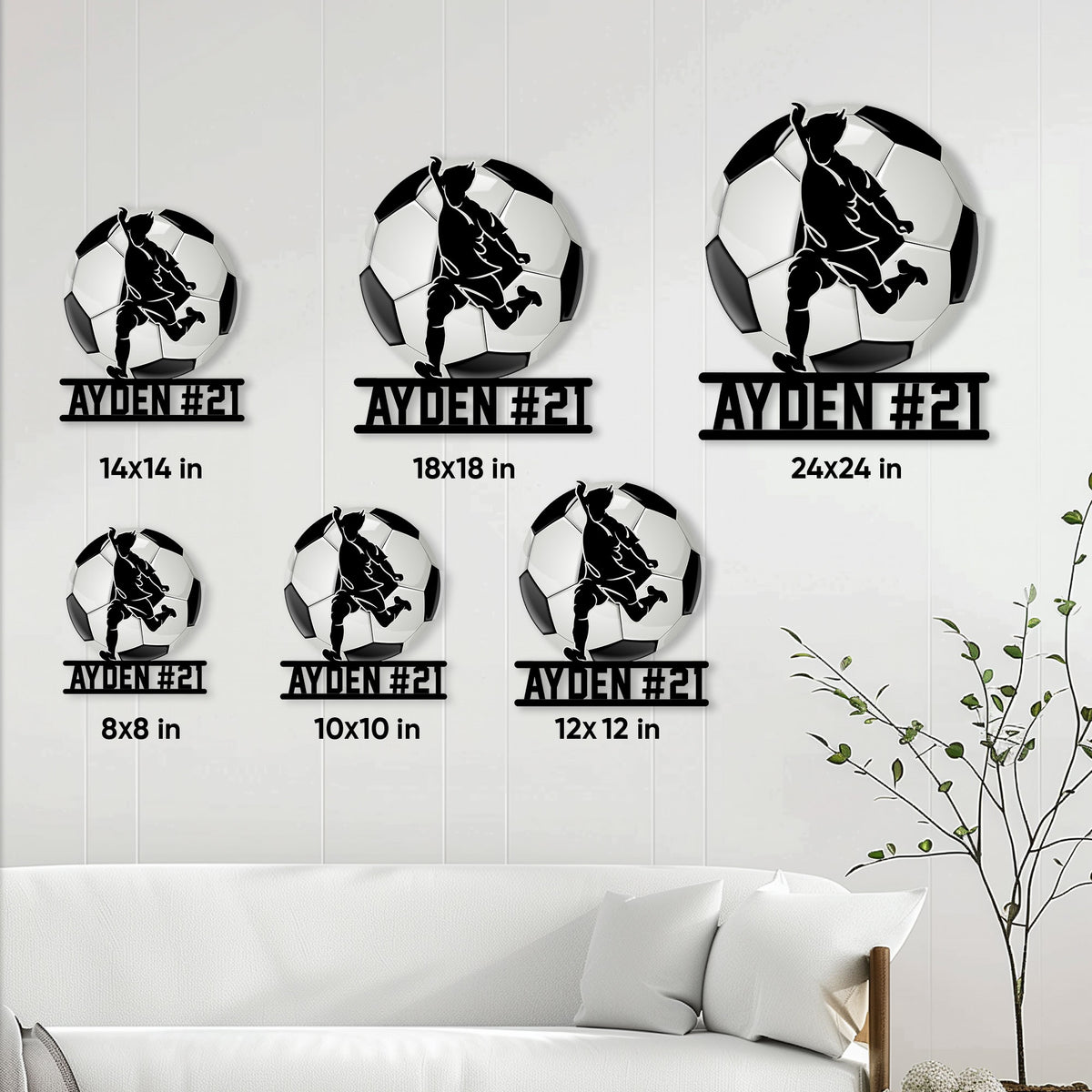 Soccer metal sign size guide showing available square dimensions from 8 by 8 to 24 by 24 inches