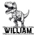 Geometric T-rex dinosaur metal sign with bold black line art and decorative horizontal bars