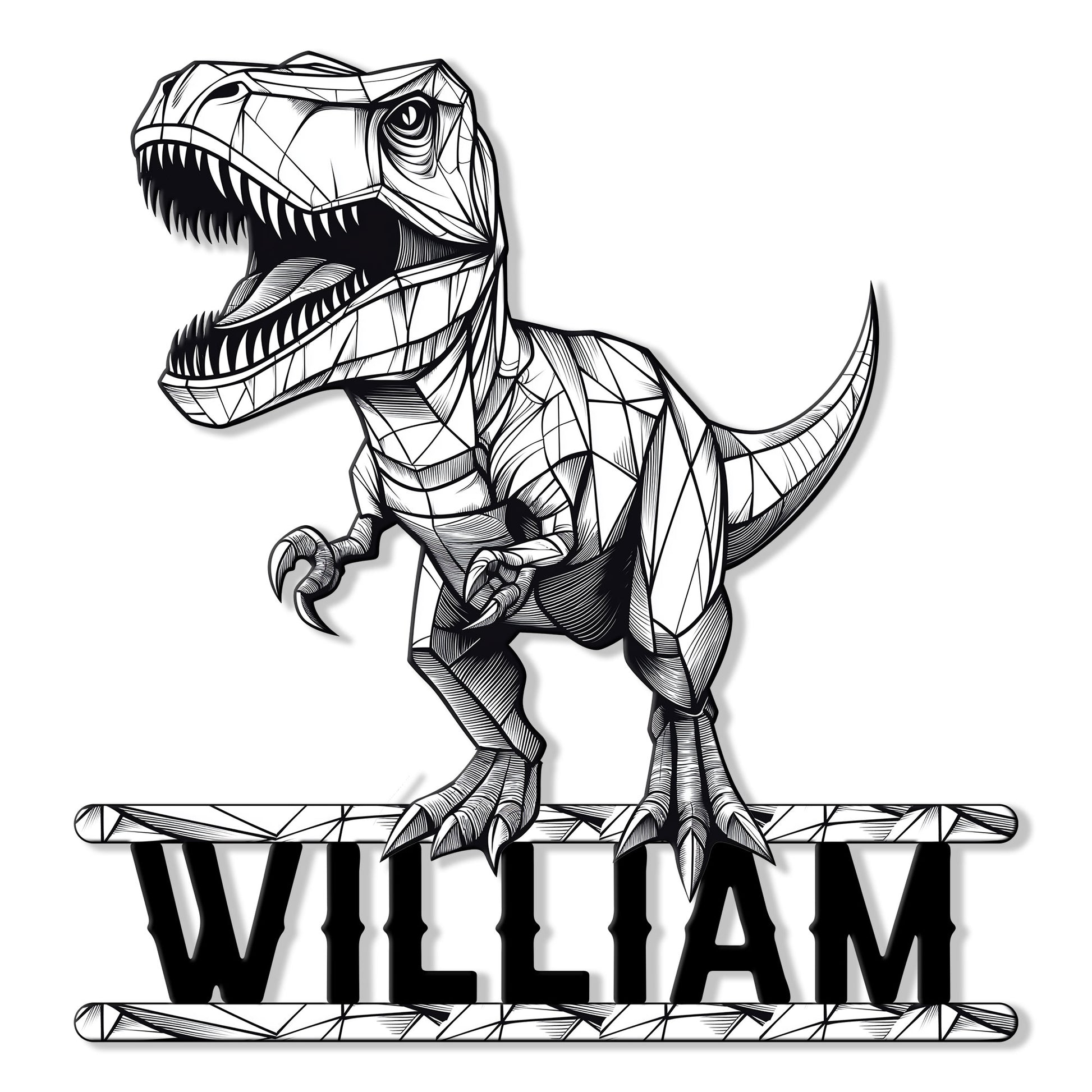 Geometric T-rex dinosaur metal sign with bold black line art and decorative horizontal bars