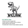 Geometric T-rex cut metal sign shown with product feature details and installation information