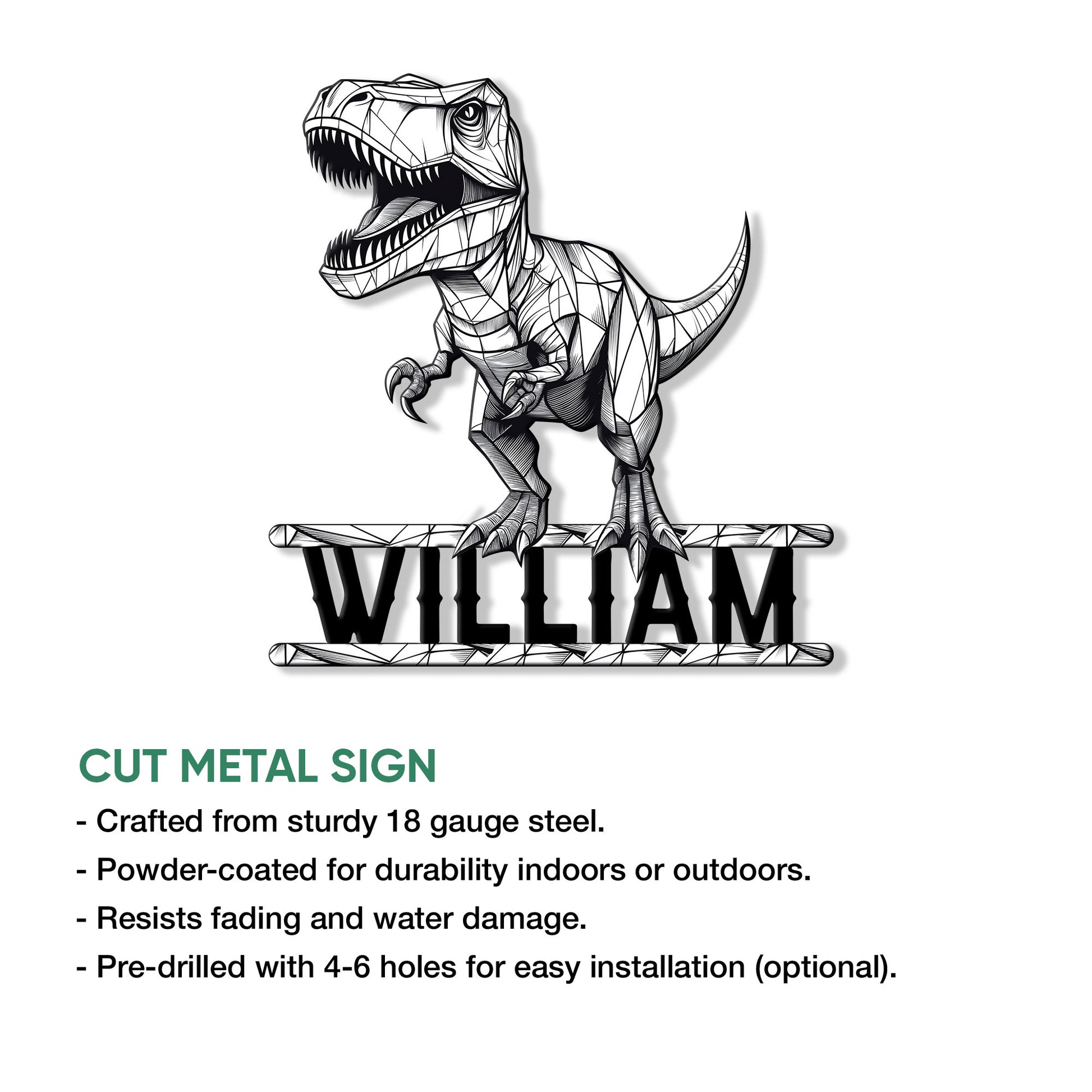 Geometric T-rex cut metal sign shown with product feature details and installation information