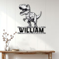 Geometric Tyrannosaurus dinosaur wall sign displayed above a console table in a bright home