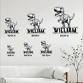 T-rex dinosaur metal sign size guide showing six available square dimensions from 8 to 24 inches