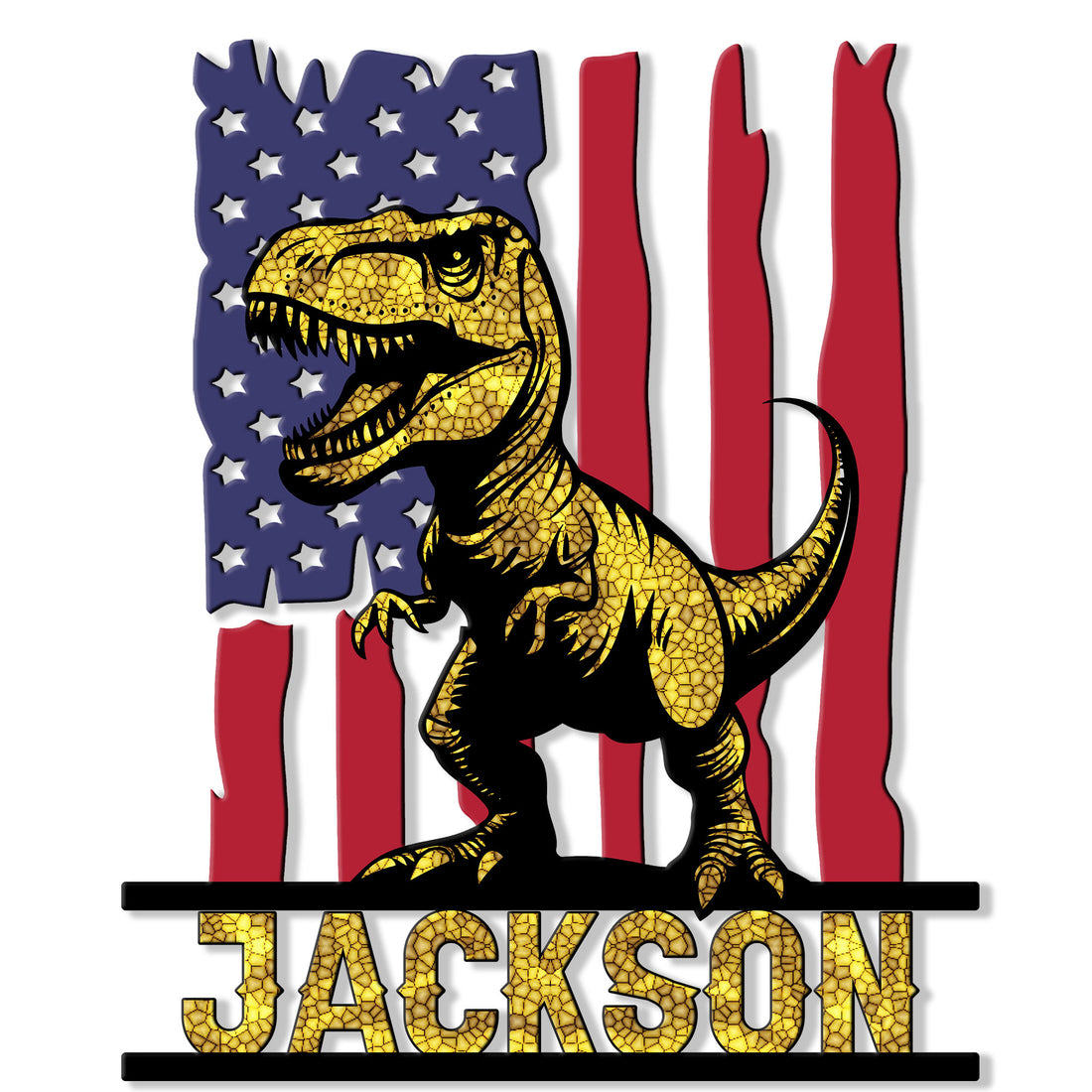 Custom dinosaur metal sign featuring a golden T. rex over a distressed American flag design