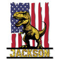 Custom dinosaur metal sign featuring a golden T. rex over a distressed American flag design
