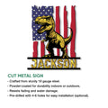 T. rex dinosaur metal sign shown as a cut-metal wall decor design with patriotic colors