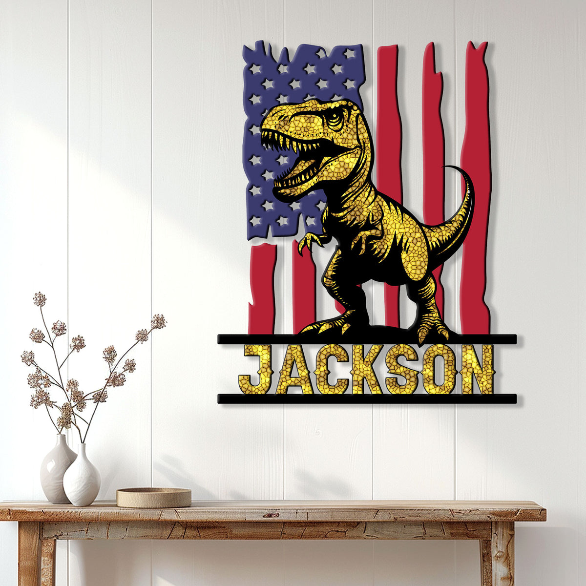 Patriotic dinosaur wall sign displayed on a white wood wall above a console table