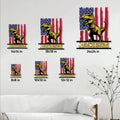 Dinosaur metal sign size guide showing multiple square size options in a room setting