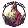 Christian metal sign featuring a colorful seated Jesus portrait within a circular frame