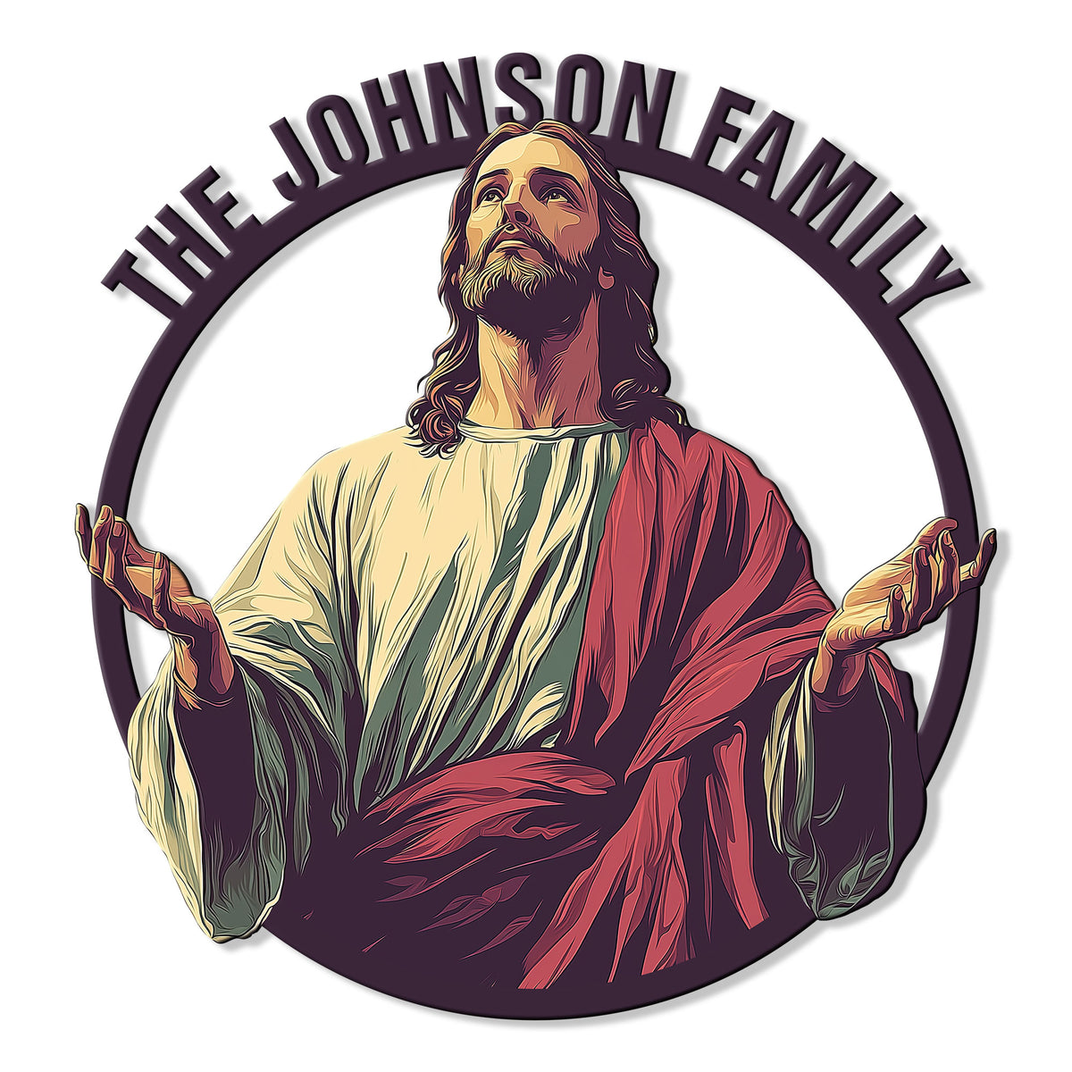 Christian metal sign featuring a colorful seated Jesus portrait within a circular frame