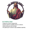 Christian Jesus metal sign shown with a cut-metal construction and product feature details