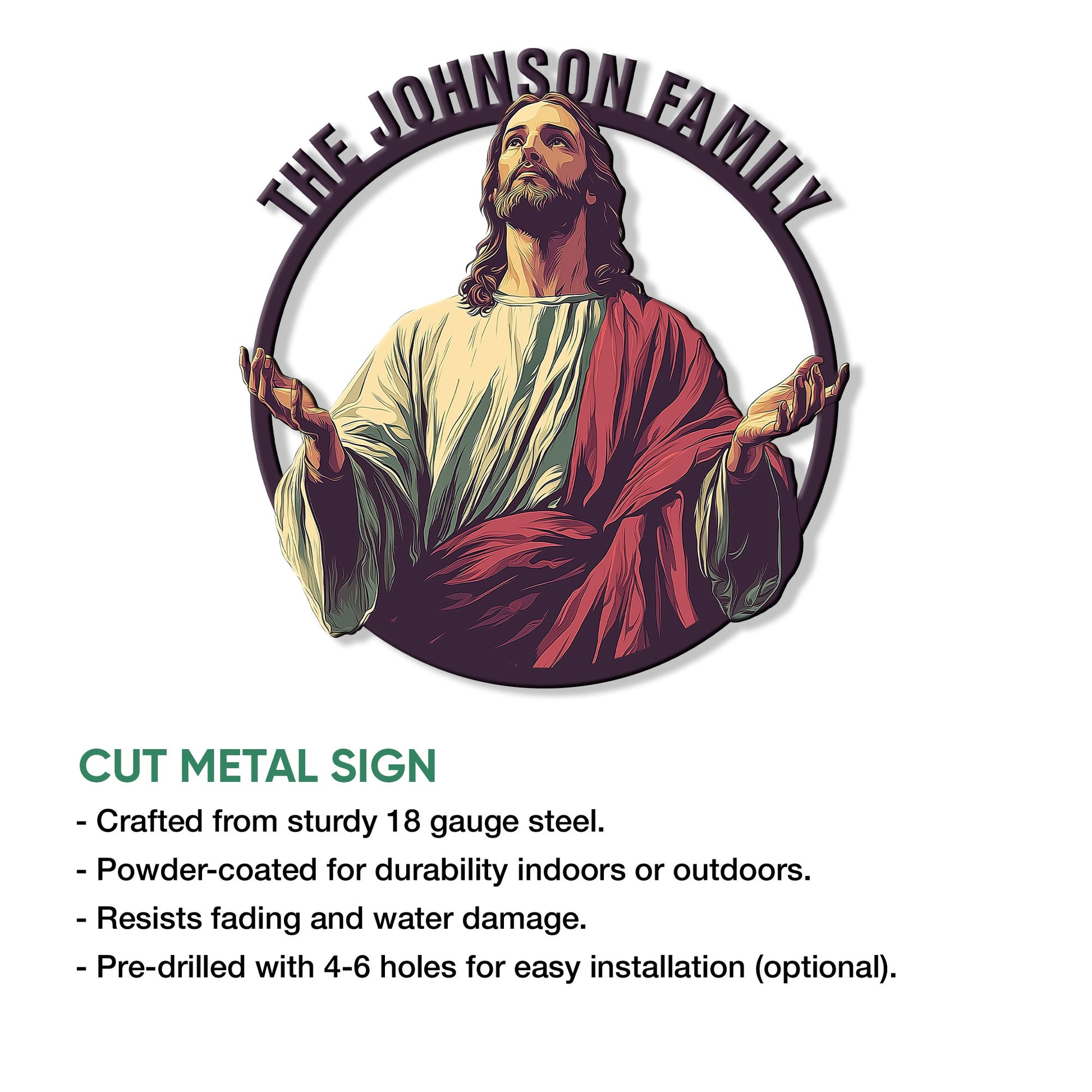 Christian Jesus metal sign shown with a cut-metal construction and product feature details