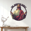Jesus Christian wall sign displayed above a console table in a bright home interior