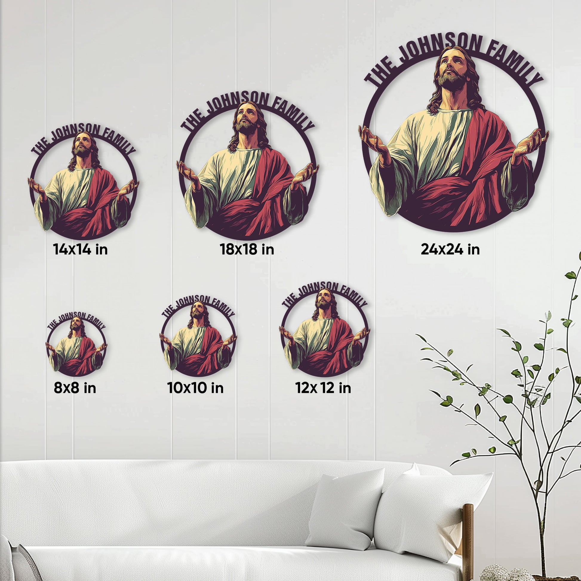 Christian Jesus metal sign size guide showing 8, 10, 12, 14, 18, and 24 inch options
