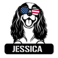 Cavalier King Charles Spaniel metal sign featuring a patriotic dog wearing American flag sunglasses