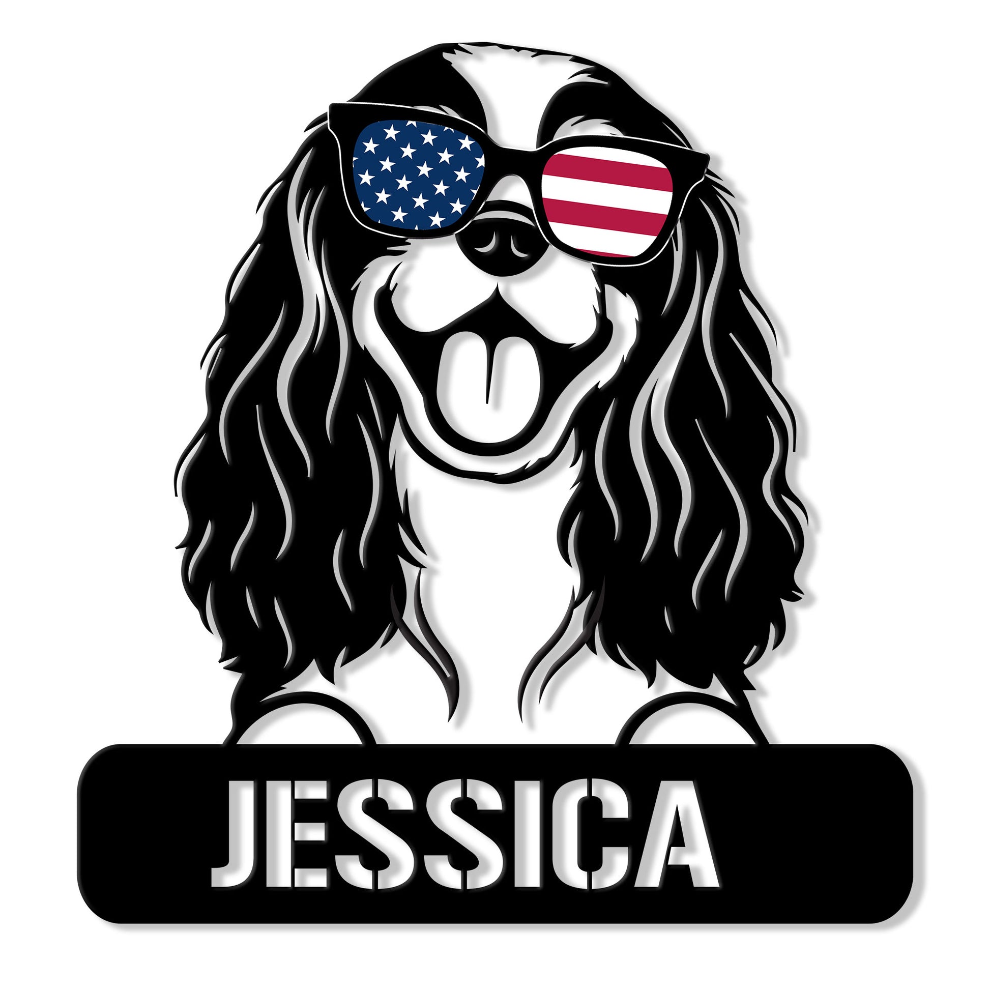 Cavalier King Charles Spaniel metal sign featuring a patriotic dog wearing American flag sunglasses