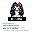 Patriotic Cavalier King Charles Spaniel cut metal sign shown in a product feature infographic