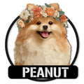 Floral Pomeranian portrait on a round metal sign with a black base