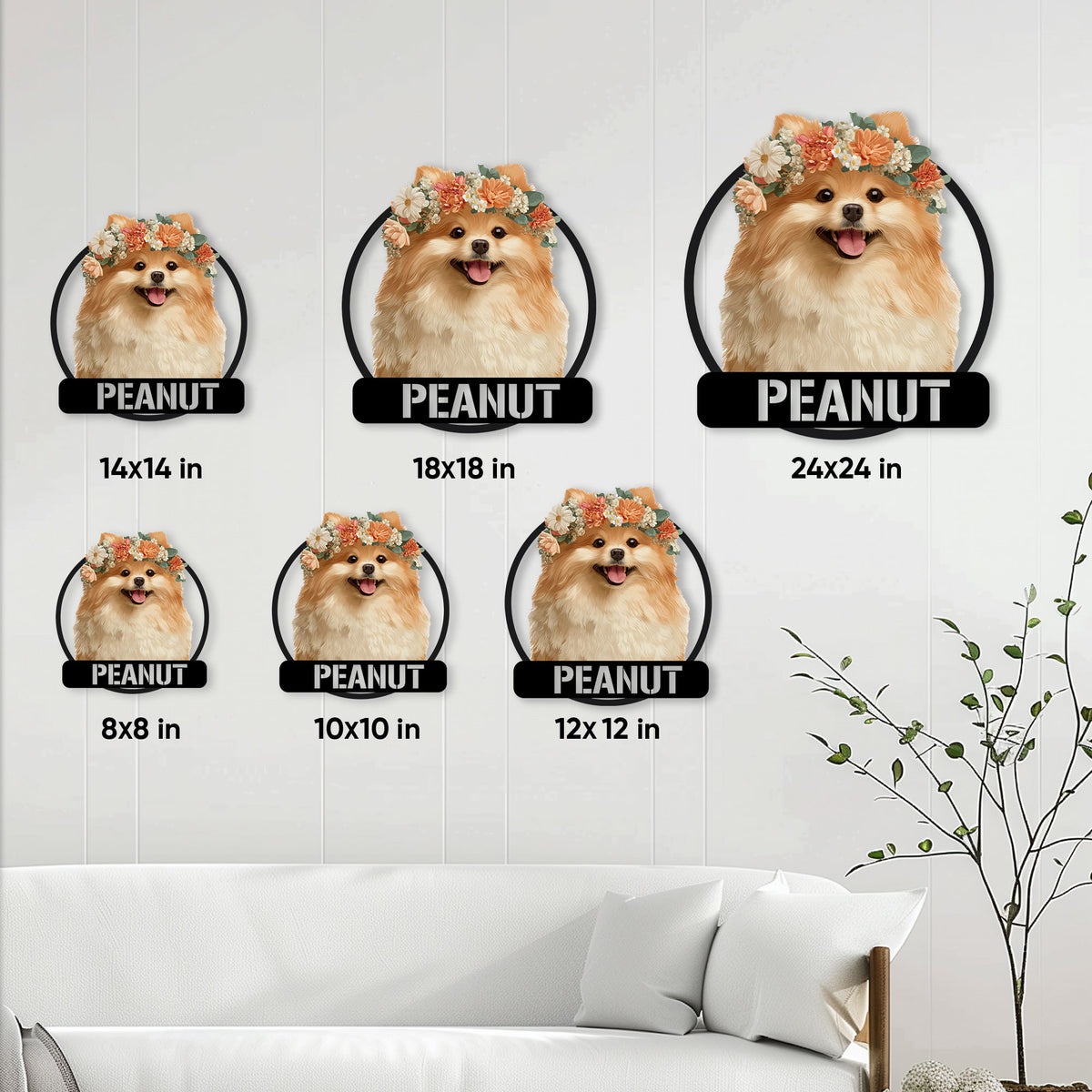 Pomeranian metal sign size guide showing six available square dimensions