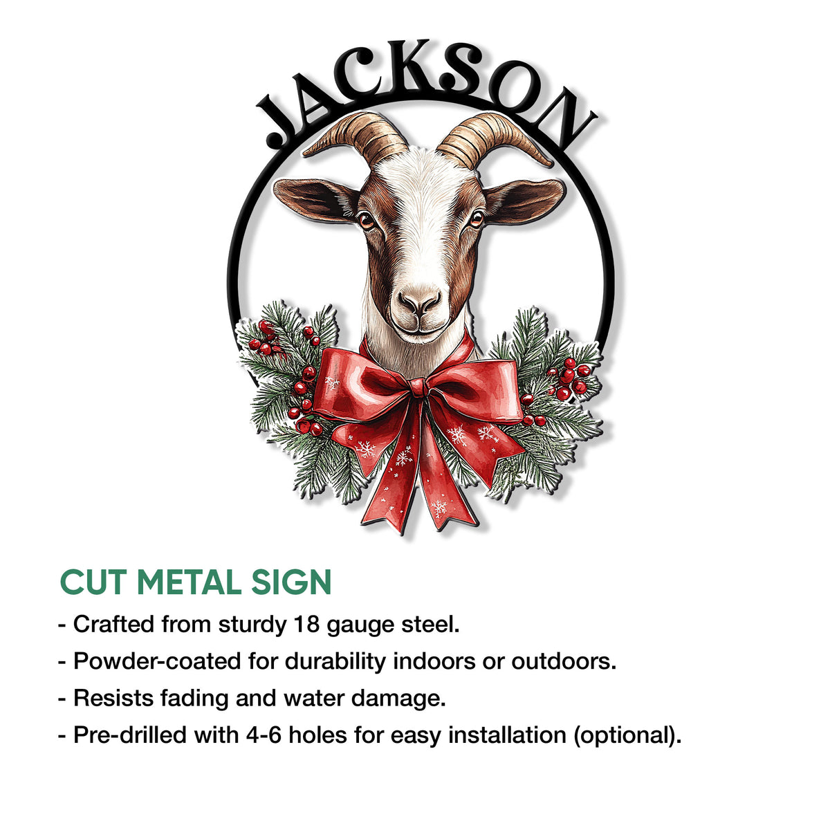 Goat metal sign feature graphic showing the holiday goat artwork and cut metal sign presentation