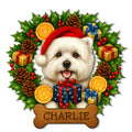 Christmas Westie metal sign featuring a cheerful white terrier in a Santa hat surrounded by gifts and holly