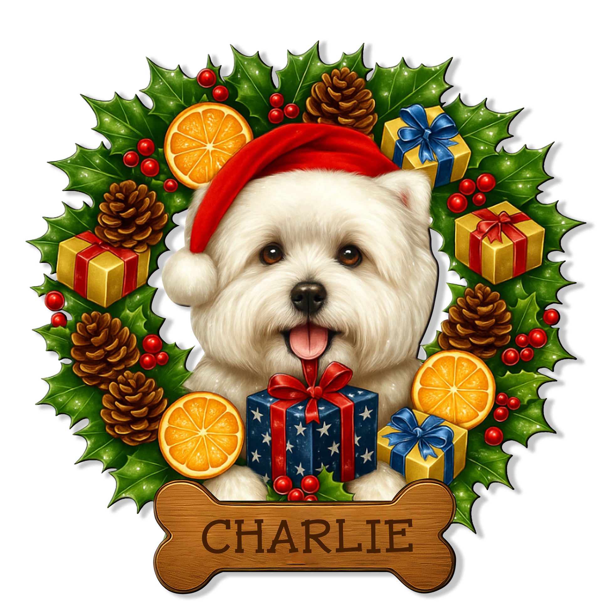 Christmas Westie metal sign featuring a cheerful white terrier in a Santa hat surrounded by gifts and holly